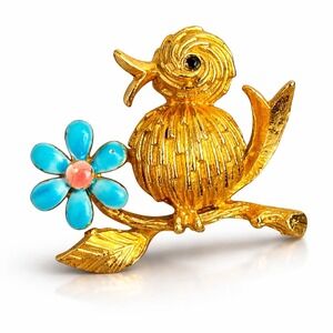 MYLU Gold Tone‎ Bird Brooch Pin Blue Enamel Flower Rhinestone Vintage Figural